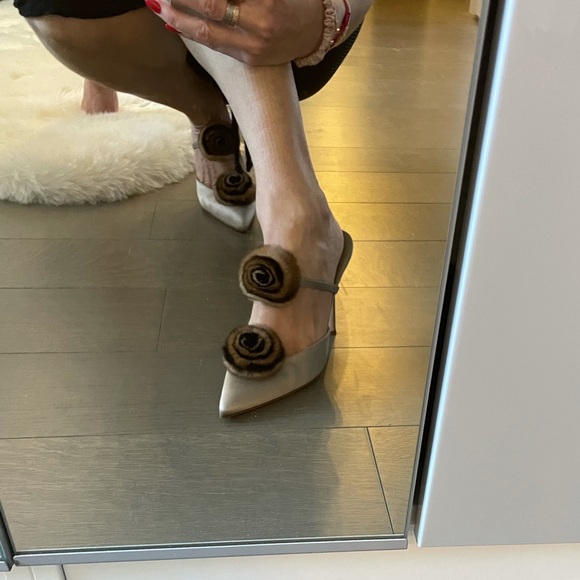 Manolo Blahnik Shoes - Manolo Blahnik satin flower slides mules 38.5